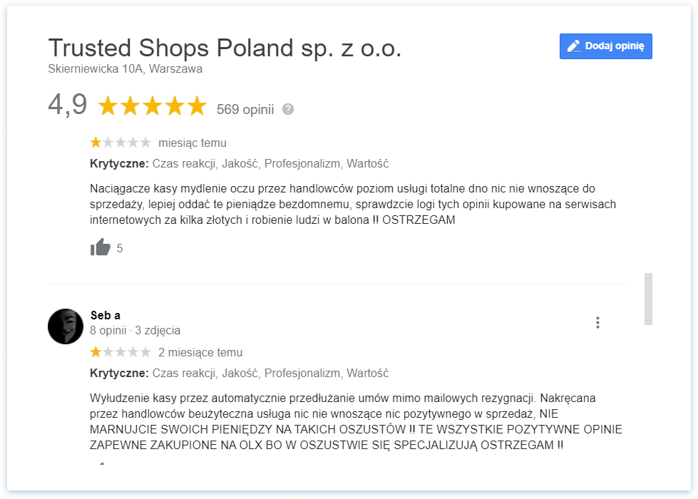 Negatwyne recenzje Trustedshops