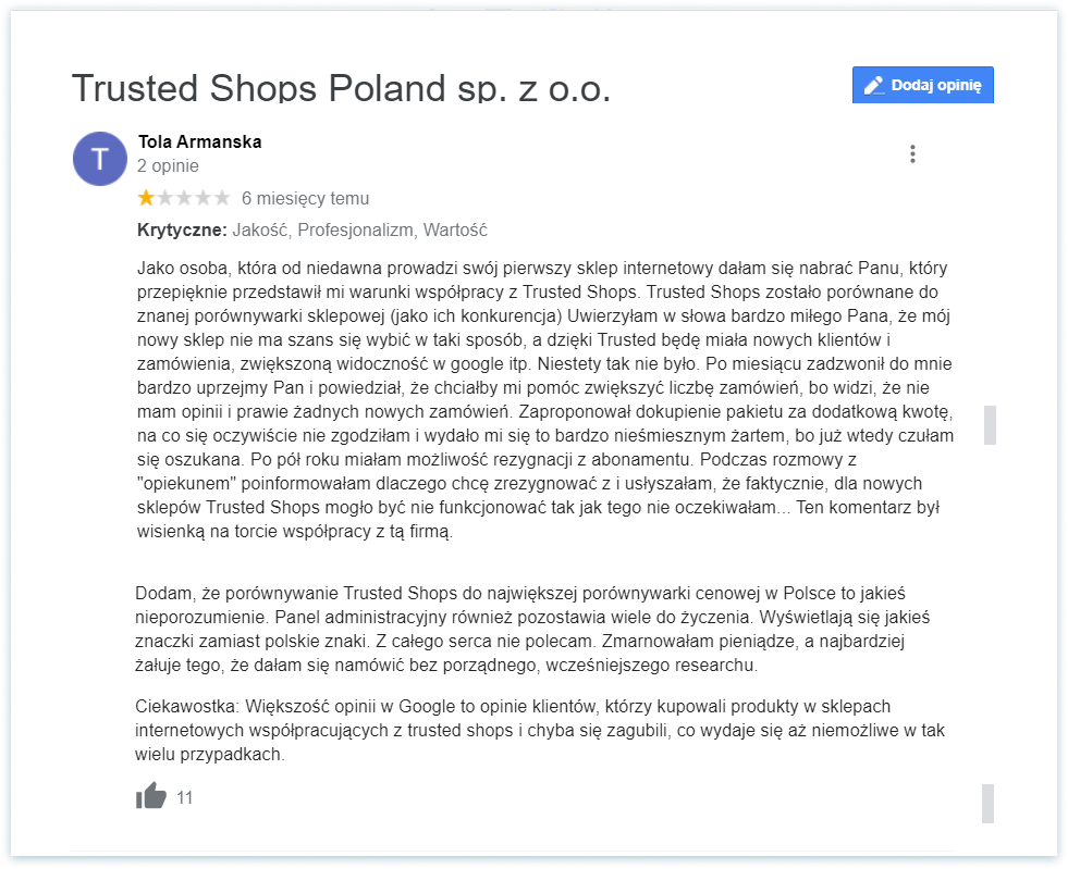Negatwyne recenzje Trustedshops
